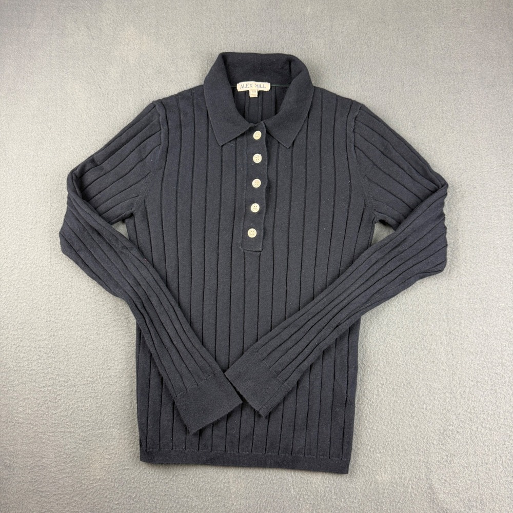 Alex Mill Sweater Women's XS Blue Ribbed Cotton Cashmere Blend Long Sleeve Polo